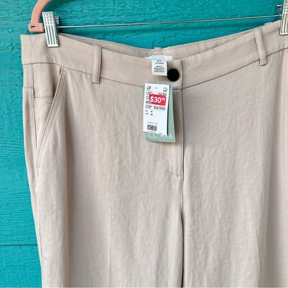 H&M Chino Pants Solid Natural Khaki High Rise Zip Fly Wide Leg NEW SIZE 14 - Picture 2 of 6